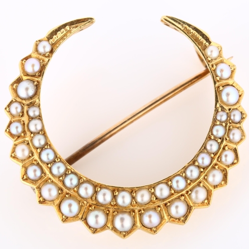 188 - A Victorian 15ct gold pearl crescent moon brooch, set with split pearls, brooch diameter 28.7mm, 5.2... 