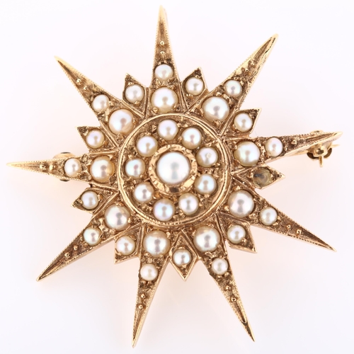 189 - A large Victorian pearl 9-rayed starburst pendant/brooch, unmarked gold closed-back settings set wit... 