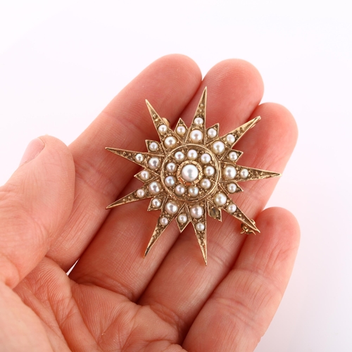 189 - A large Victorian pearl 9-rayed starburst pendant/brooch, unmarked gold closed-back settings set wit... 