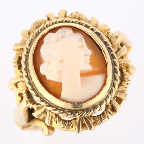 193 - A late 20th century 9ct gold shell cameo ring, relief carved depicting female profile, hallmarks Lon... 