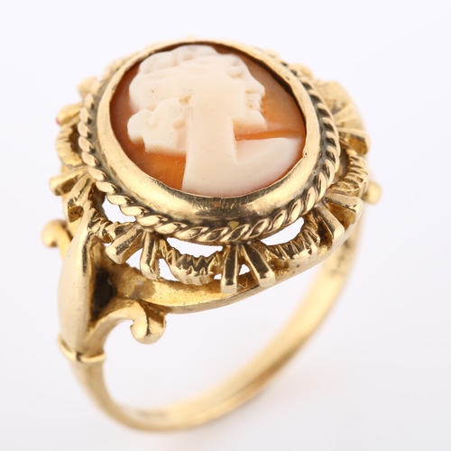 193 - A late 20th century 9ct gold shell cameo ring, relief carved depicting female profile, hallmarks Lon... 