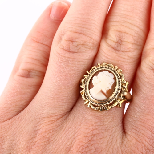 193 - A late 20th century 9ct gold shell cameo ring, relief carved depicting female profile, hallmarks Lon... 