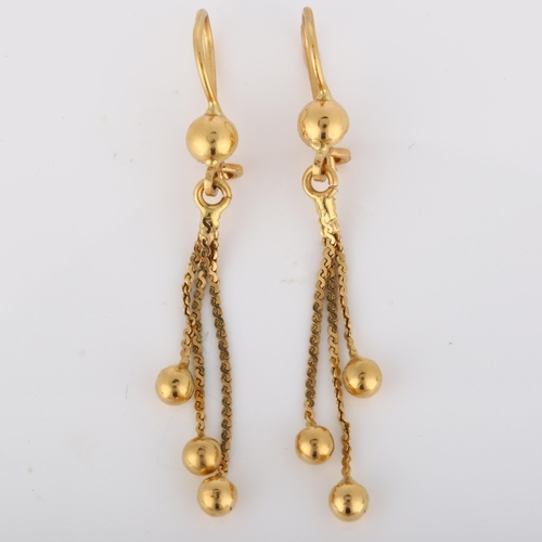 196 - A pair of Continental 18ct gold tassel drop earrings, with shepherd hook fittings, earring height 50... 