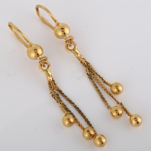 196 - A pair of Continental 18ct gold tassel drop earrings, with shepherd hook fittings, earring height 50... 