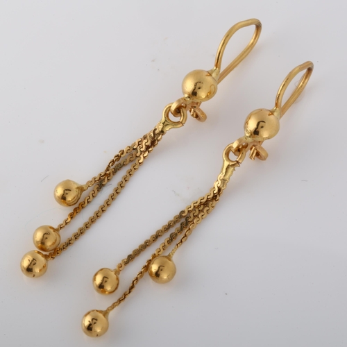 196 - A pair of Continental 18ct gold tassel drop earrings, with shepherd hook fittings, earring height 50... 