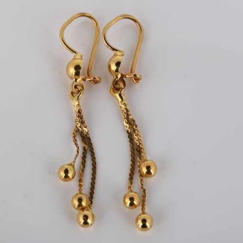 196 - A pair of Continental 18ct gold tassel drop earrings, with shepherd hook fittings, earring height 50... 