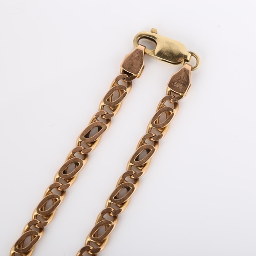 198 - A Continental 14ct rose gold fancy flat link chain bracelet, length 21cm, 10.3g