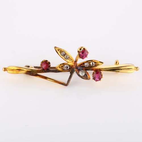 199 - A Victorian 15ct gold ruby and diamond figural dragonfly bar brooch, set with round-cut rubies and r... 