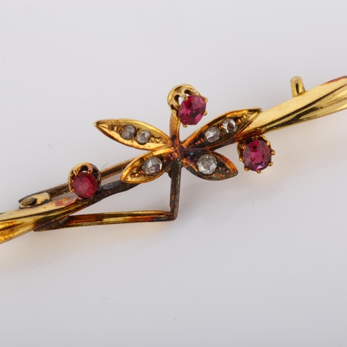 199 - A Victorian 15ct gold ruby and diamond figural dragonfly bar brooch, set with round-cut rubies and r... 