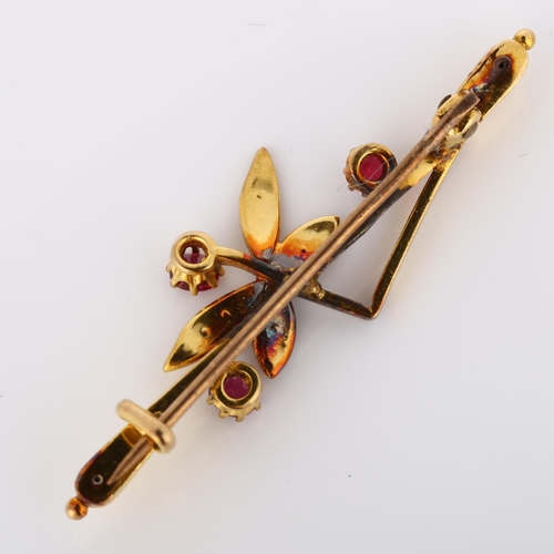 199 - A Victorian 15ct gold ruby and diamond figural dragonfly bar brooch, set with round-cut rubies and r... 