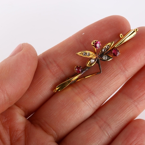 199 - A Victorian 15ct gold ruby and diamond figural dragonfly bar brooch, set with round-cut rubies and r... 