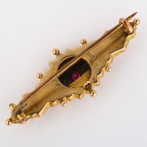 200 - An early 20th century 9ct rose gold Etruscan Revival brooch, set with round-cut ruby and rose-cut di... 