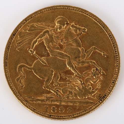 208 - A Victoria 1893 gold full sovereign coin, 7.9g