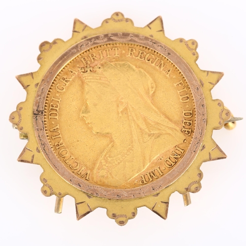 211 - A Victoria 1900 gold full sovereign coin, in 9ct brooch mount, overall diameter 31mm, 10.3g