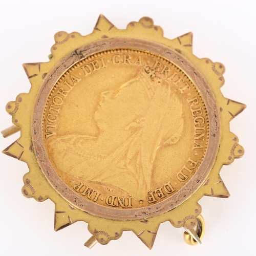 211 - A Victoria 1900 gold full sovereign coin, in 9ct brooch mount, overall diameter 31mm, 10.3g