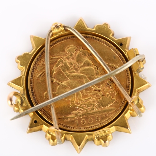 211 - A Victoria 1900 gold full sovereign coin, in 9ct brooch mount, overall diameter 31mm, 10.3g