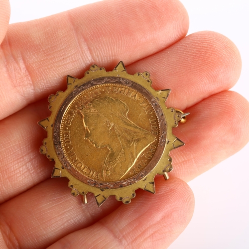 211 - A Victoria 1900 gold full sovereign coin, in 9ct brooch mount, overall diameter 31mm, 10.3g