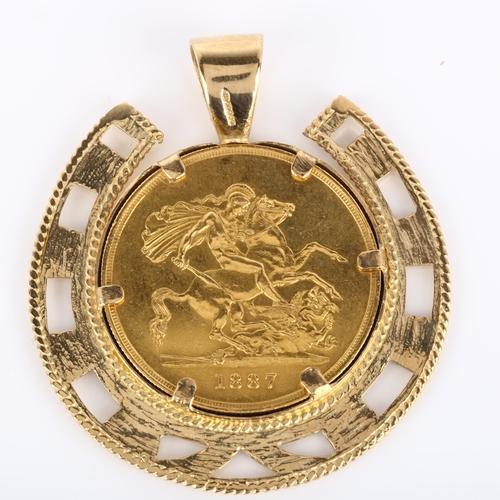 212 - A Victoria 1887 Golden Jubilee five pound coin, in heavy 9ct gold lucky horseshoe pendant mount, pen... 