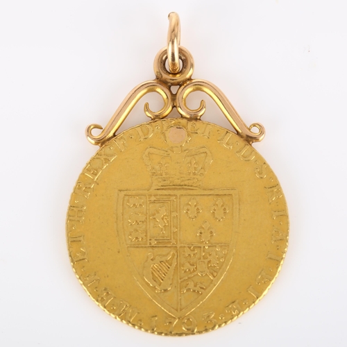 213 - A George III 1793 gold spade guinea, with soldered unmarked gold pendant mount, 9.3g