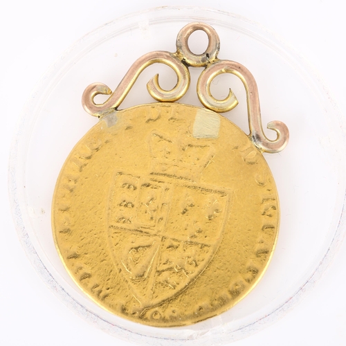 214 - A George III 1798 gold spade guinea, with soldered unmarked gold pendant mount, 8.8g