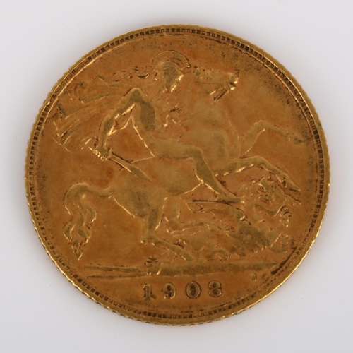 217 - An Edward VII 1908 gold half sovereign coin, 3.9g