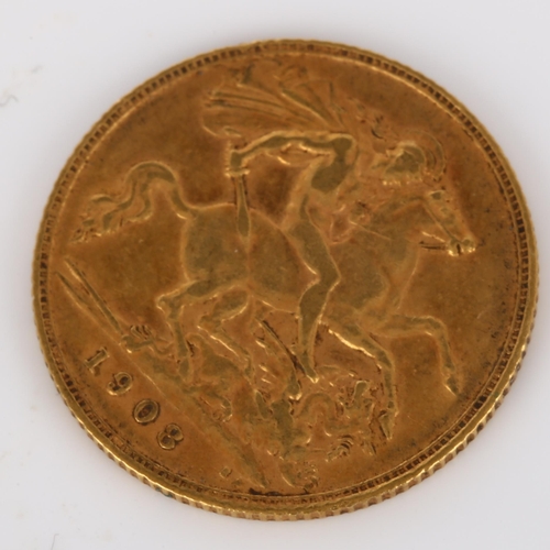 217 - An Edward VII 1908 gold half sovereign coin, 3.9g