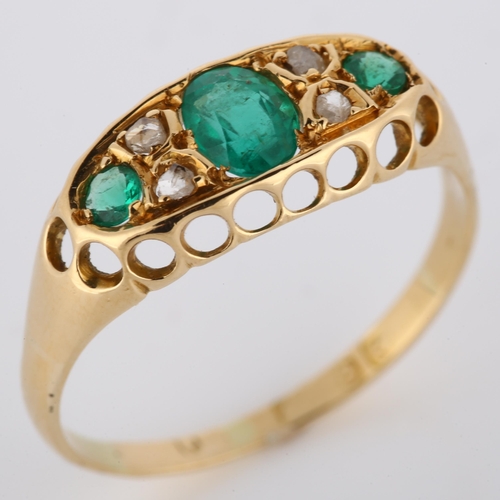 221 - An early 20th century 18ct gold emerald and diamond half hoop ring, indistinct hallmarks, setting he... 