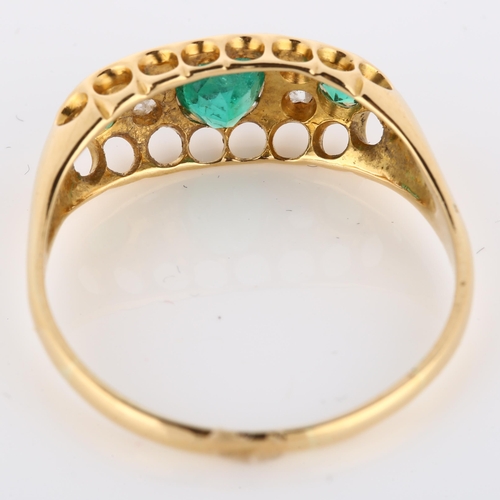 221 - An early 20th century 18ct gold emerald and diamond half hoop ring, indistinct hallmarks, setting he... 