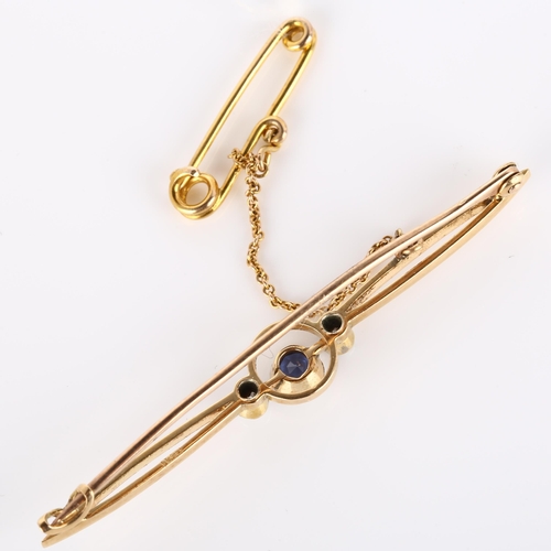 222 - An Art Deco 15ct gold three stone sapphire and diamond bar brooch, brooch length 53.6mm, 3.2g