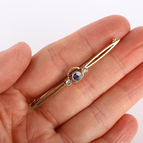 222 - An Art Deco 15ct gold three stone sapphire and diamond bar brooch, brooch length 53.6mm, 3.2g