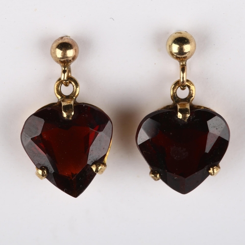 223 - A pair of mid-20th century 9ct gold garnet heart earrings, set with heart-cut garnets and stud fitti... 