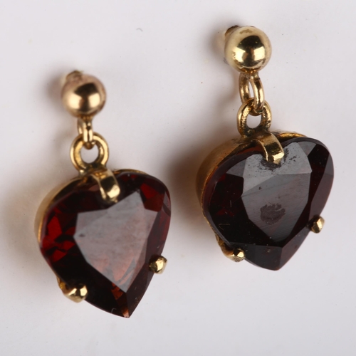 223 - A pair of mid-20th century 9ct gold garnet heart earrings, set with heart-cut garnets and stud fitti... 