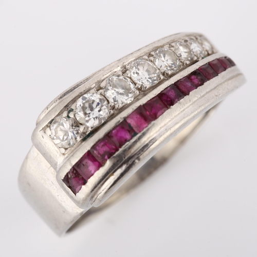 224 - An Art Deco platinum ruby and diamond dress ring, set with square-cut rubies and modern round brilli... 