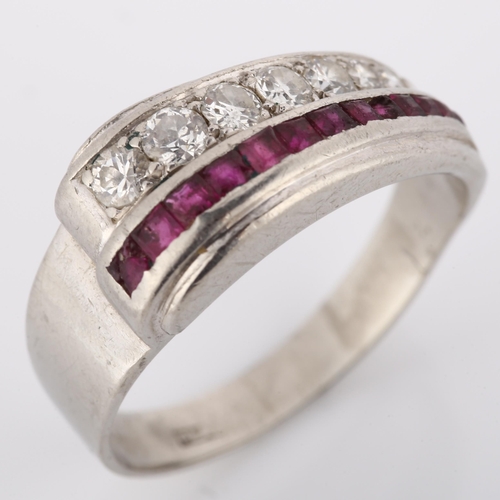 224 - An Art Deco platinum ruby and diamond dress ring, set with square-cut rubies and modern round brilli... 