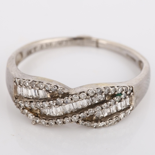 229 - A modern 9ct white gold diamond cluster band ring, set with baguette and single-cut diamonds, total ... 