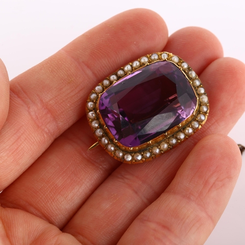 233 - A Victorian 9ct gold amethyst and pearl cluster brooch, set with large cushion-cut amethyst and spli... 