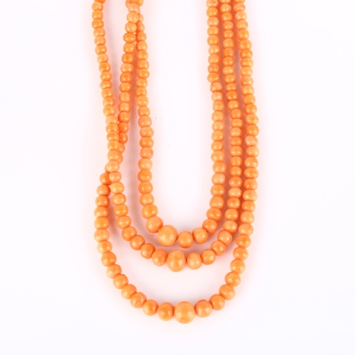 236 - A triple-strand graduated coral bead necklace, with gilt-metal clasp, beads ranging from 6.3mm - 2.6... 