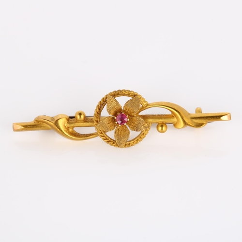 239 - An early 20th century 15ct gold ruby flowerhead bar brooch, maker's marks FB, hallmarks Chester 1907... 