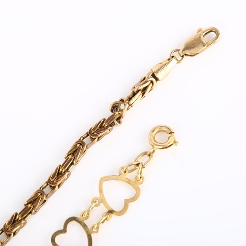 240 - 2 x 9ct gold bracelets, comprising bird cage and heart links, lengths 22cm and 18ct respectively, 11... 