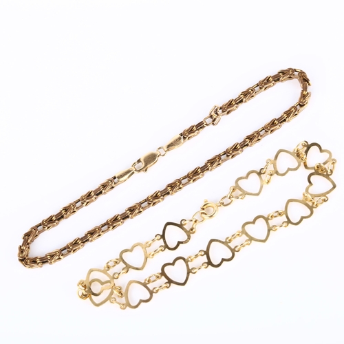 240 - 2 x 9ct gold bracelets, comprising bird cage and heart links, lengths 22cm and 18ct respectively, 11... 