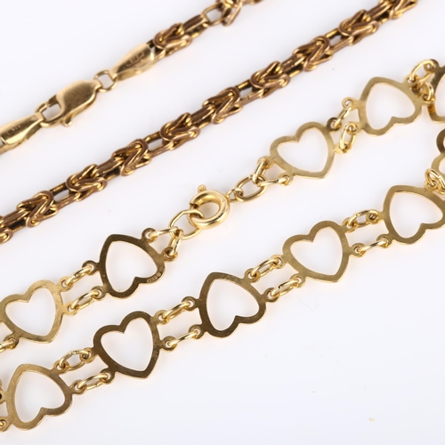 240 - 2 x 9ct gold bracelets, comprising bird cage and heart links, lengths 22cm and 18ct respectively, 11... 