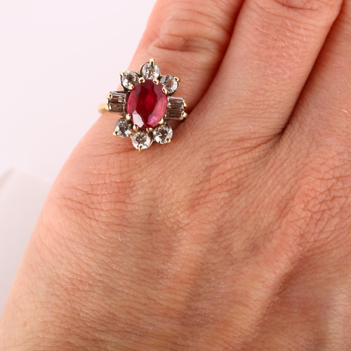 245 - A late 20th century synthetic ruby and diamond cluster ring, unmarked gold settings with oval mixed-... 