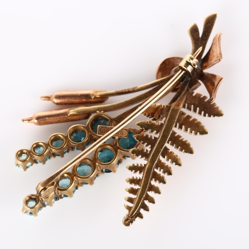 249 - A late 20th century 9ct gold blue zircon floral brooch, with fern and bulrush decoration, maker's ma... 