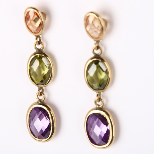 250 - A pair of gem set drop earrings, unmarked yellow metal settings with citrine peridot and amethysts a... 