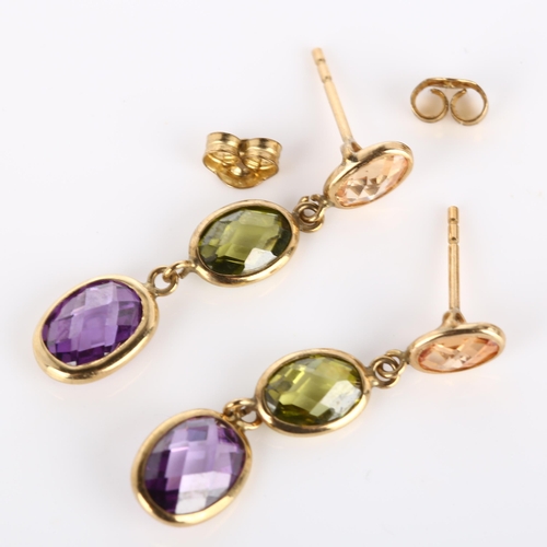 250 - A pair of gem set drop earrings, unmarked yellow metal settings with citrine peridot and amethysts a... 