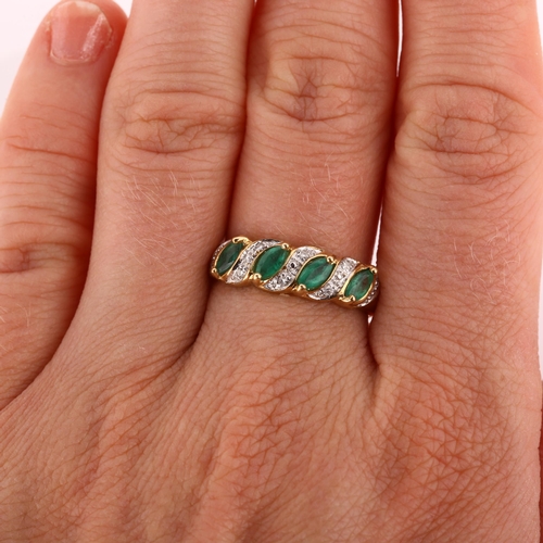 253 - A modern 9ct gold emerald and diamond dress ring, set with marquise-cut emeralds and single-cut diam... 