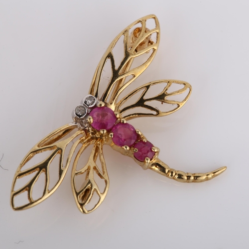 254 - A miniature 9ct gold ruby and diamond figural dragonfly brooch, wingspan 26mm, 1.1g