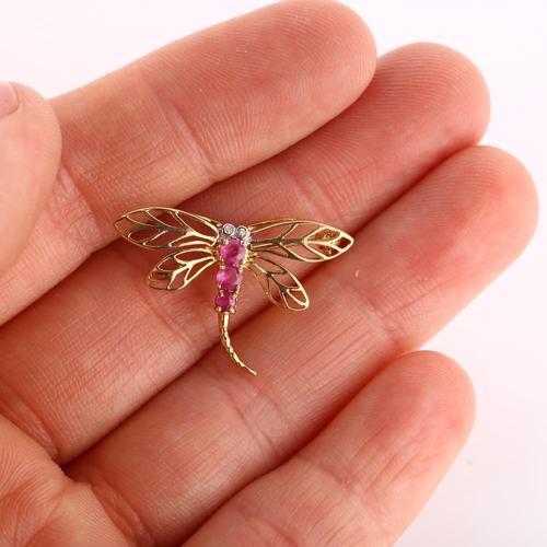 254 - A miniature 9ct gold ruby and diamond figural dragonfly brooch, wingspan 26mm, 1.1g