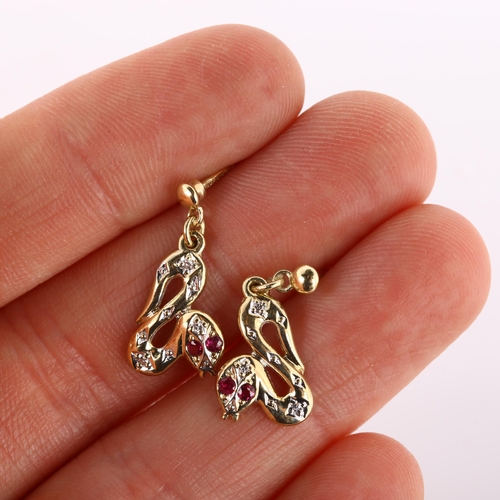 255 - A pair of 9ct gold ruby and diamond figural snake drop earrings, with stud fittings, earring height ... 