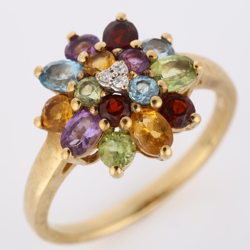 258 - A modern 9ct gold gem set dress ring, gemstones include amethyst garnet peridot etc, setting height ... 